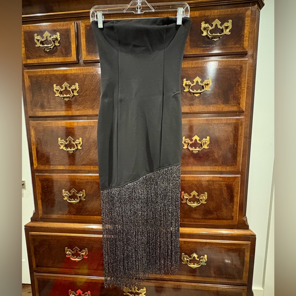 superdown Black Strapless Fringe Midi Dress